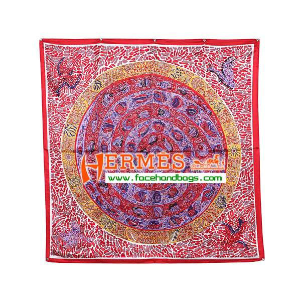 Hermes 100% Silk Square Scarf White/Red HESISS 90 x 90 - Click Image to Close